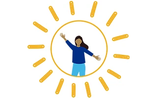Icon: Teen girl stands inside an image of the sun with rays extending out